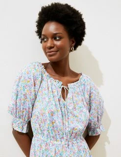 Cheap 🎁 M&S Collection 👗 Dresses Pure Cotton Floral Bardot Midi Beach 👗 Dress ⭐ -New In Womens Sales 2022 SD 01 T52 8274 ZZ X EC 2