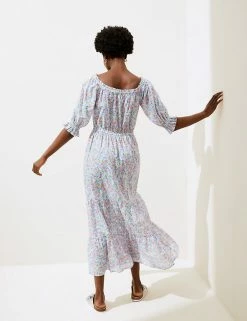 Cheap 🎁 M&S Collection 👗 Dresses Pure Cotton Floral Bardot Midi Beach 👗 Dress ⭐ -New In Womens Sales 2022 SD 01 T52 8274 ZZ X EC 3