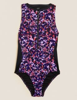 Best Pirce 🌟 GOODMOVE 🩱 Swimsuits Printed Zip Up High Neck 🩱 Swimsuit ❤️