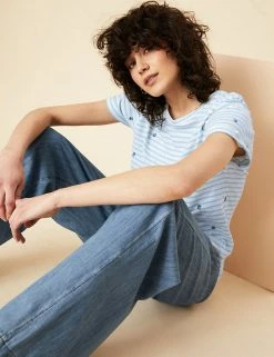 Cheap 👏 Per Una Women Pure Cotton Striped Embroidered T-Shirt ⌛