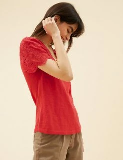 New 🎉 Per Una Women Pure Cotton Broderie V-Neck T-Shirt 🌟 -New In Womens Sales 2022 SD 01 T53 1245U F9 X EC 3