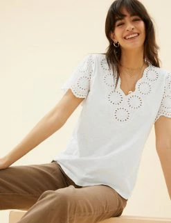 New 🎉 Per Una Women Pure Cotton Broderie V-Neck T-Shirt 🌟 -New In Womens Sales 2022 SD 01 T53 1245U KY X EC 2
