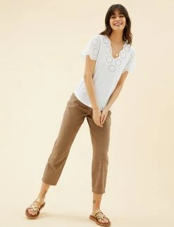 New 🎉 Per Una Women Pure Cotton Broderie V-Neck T-Shirt 🌟 -New In Womens Sales 2022 SD 01 T53 1245U KY X EC 3