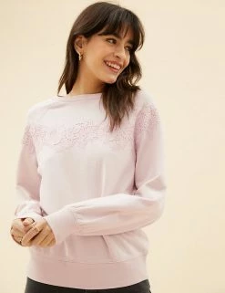 Buy 💯 Per Una Sweatshirts Pure Cotton Lace Insert Sweatshirt 🥰 -New In Womens Sales 2022 SD 01 T53 1246U A1 X EC 0