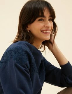 Buy 💯 Per Una Sweatshirts Pure Cotton Lace Insert Sweatshirt 🥰 -New In Womens Sales 2022 SD 01 T53 1246U F0 X EC 2