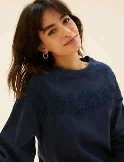 Buy 💯 Per Una Sweatshirts Pure Cotton Lace Insert Sweatshirt 🥰 -New In Womens Sales 2022 SD 01 T53 1246U F0 X EC 3