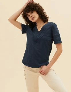 Cheapest ❤️ Per Una Women Pure Cotton V-Neck Lace Insert T-Shirt ⭐ -New In Womens Sales 2022 SD 01 T53 1249U F0 X EC 1