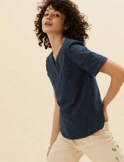 Cheapest ❤️ Per Una Women Pure Cotton V-Neck Lace Insert T-Shirt ⭐ -New In Womens Sales 2022 SD 01 T53 1249U F0 X EC 3