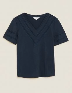 Cheapest ❤️ Per Una Women Pure Cotton V-Neck Lace Insert T-Shirt ⭐ -New In Womens Sales 2022 SD 01 T53 1249U F0 X EC 90