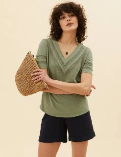 Cheapest ❤️ Per Una Women Pure Cotton V-Neck Lace Insert T-Shirt ⭐