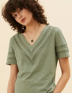 Cheapest ❤️ Per Una Women Pure Cotton V-Neck Lace Insert T-Shirt ⭐ -New In Womens Sales 2022 SD 01 T53 1249U KH X EC 1