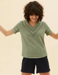 Cheapest ❤️ Per Una Women Pure Cotton V-Neck Lace Insert T-Shirt ⭐ -New In Womens Sales 2022 SD 01 T53 1249U KH X EC 2