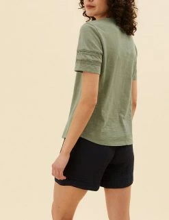 Cheapest ❤️ Per Una Women Pure Cotton V-Neck Lace Insert T-Shirt ⭐ -New In Womens Sales 2022 SD 01 T53 1249U KH X EC 3