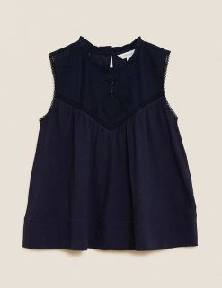 Cheapest 🧨 Per Una Tops Pure Cotton Embroidered Sleeveless Vest Top ⭐ -New In Womens Sales 2022 SD 01 T53 1250U F0 X EC 90