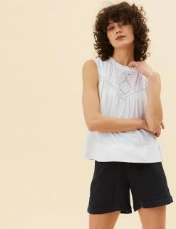 Cheapest 🧨 Per Una Tops Pure Cotton Embroidered Sleeveless Vest Top ⭐ -New In Womens Sales 2022 SD 01 T53 1250U KY X EC 2