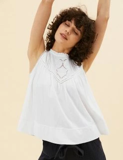 Cheapest 🧨 Per Una Tops Pure Cotton Embroidered Sleeveless Vest Top ⭐ -New In Womens Sales 2022 SD 01 T53 1250U KY X EC 3