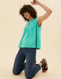 Cheapest 🧨 Per Una Tops Pure Cotton Embroidered Sleeveless Vest Top ⭐ -New In Womens Sales 2022 SD 01 T53 1250U ZO X EC 1