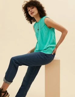 Cheapest 🧨 Per Una Tops Pure Cotton Embroidered Sleeveless Vest Top ⭐ -New In Womens Sales 2022 SD 01 T53 1250U ZO X EC 3