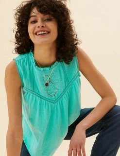 Cheapest 🧨 Per Una Tops Pure Cotton Embroidered Sleeveless Vest Top ⭐ -New In Womens Sales 2022 SD 01 T53 1250U ZO X EC 4