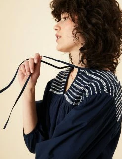 Hot Sale 🛒 Per Una Women Cotton Rich Embroidered 3/4 Sleeve Jersey Top ✨ -New In Womens Sales 2022 SD 01 T53 1251U F0 X EC 0