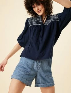 Hot Sale 🛒 Per Una Women Cotton Rich Embroidered 3/4 Sleeve Jersey Top ✨ -New In Womens Sales 2022 SD 01 T53 1251U F0 X EC 1