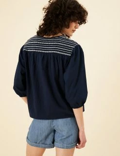 Hot Sale 🛒 Per Una Women Cotton Rich Embroidered 3/4 Sleeve Jersey Top ✨ -New In Womens Sales 2022 SD 01 T53 1251U F0 X EC 4