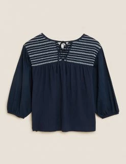 Hot Sale 🛒 Per Una Women Cotton Rich Embroidered 3/4 Sleeve Jersey Top ✨ -New In Womens Sales 2022 SD 01 T53 1251U F0 X EC 90