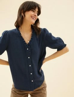 Promo 😀 Per Una Tops Pure Cotton Textured Short Sleeve Top ✨ -New In Womens Sales 2022 SD 01 T53 2370U F0 X EC 1