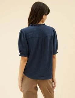 Promo 😀 Per Una Tops Pure Cotton Textured Short Sleeve Top ✨ -New In Womens Sales 2022 SD 01 T53 2370U F0 X EC 4