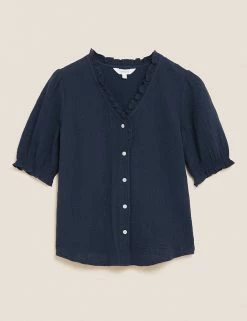 Promo 😀 Per Una Tops Pure Cotton Textured Short Sleeve Top ✨ -New In Womens Sales 2022 SD 01 T53 2370U F0 X EC 90