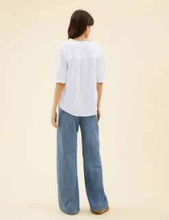 Promo 😀 Per Una Tops Pure Cotton Textured Short Sleeve Top ✨ -New In Womens Sales 2022 SD 01 T53 2370U KY X EC 4