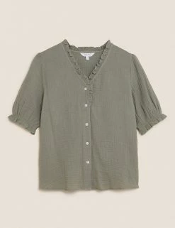 Promo 😀 Per Una Tops Pure Cotton Textured Short Sleeve Top ✨ -New In Womens Sales 2022 SD 01 T53 2370U XJ X EC 90