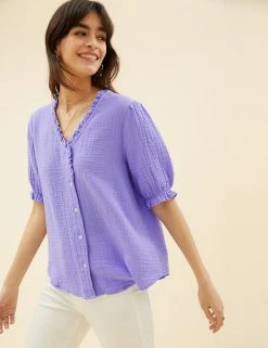 Promo 😀 Per Una Tops Pure Cotton Textured Short Sleeve Top ✨ -New In Womens Sales 2022 SD 01 T53 2370U YP X EC 0