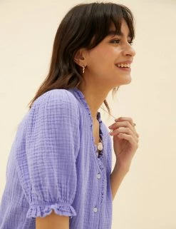 Promo 😀 Per Una Tops Pure Cotton Textured Short Sleeve Top ✨ -New In Womens Sales 2022 SD 01 T53 2370U YP X EC 2