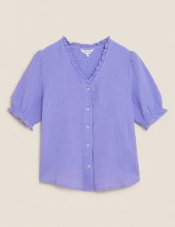 Promo 😀 Per Una Tops Pure Cotton Textured Short Sleeve Top ✨ -New In Womens Sales 2022 SD 01 T53 2370U YP X EC 90