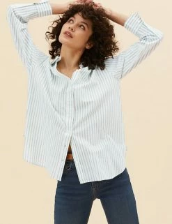 Flash Sale 👍 Per Una 👚 Shirts & Blouses Pure Cotton Striped Long Sleeve 👚 Shirt 👍 -New In Womens Sales 2022 SD 01 T53 2373U J4 X EC 0