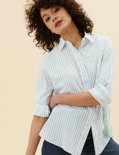 Flash Sale 👍 Per Una 👚 Shirts & Blouses Pure Cotton Striped Long Sleeve 👚 Shirt 👍 -New In Womens Sales 2022 SD 01 T53 2373U J4 X EC 3