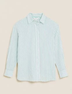 Flash Sale 👍 Per Una 👚 Shirts & Blouses Pure Cotton Striped Long Sleeve 👚 Shirt 👍 -New In Womens Sales 2022 SD 01 T53 2373U J4 X EC 90