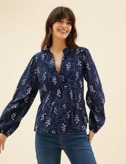 Best Pirce 👏 Per Una 👕 Shirts & Blouses Pure Cotton Printed Blouson Sleeve Blouse 👏