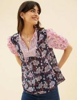 Buy ✨ Per Una 👚 Shirts & Blouses Pure Cotton Floral Short Sleeve Blouse 💯