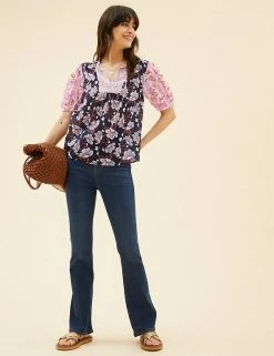 Buy ✨ Per Una 👚 Shirts & Blouses Pure Cotton Floral Short Sleeve Blouse 💯 -New In Womens Sales 2022 SD 01 T53 2375U A4 X EC 2