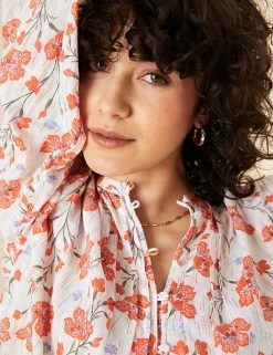 Coupon 😍 Per Una 👚 Shirts & Blouses Pure Cotton Floral Blouson Sleeve Blouse 🎉