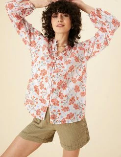 Coupon 😍 Per Una 👚 Shirts & Blouses Pure Cotton Floral Blouson Sleeve Blouse 🎉 -New In Womens Sales 2022 SD 01 T53 2376U Y8 X EC 1