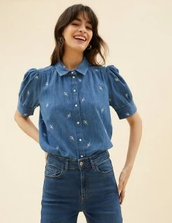 Best Pirce 👏 Per Una 👕 Shirts & Blouses Denim Embroidered Puff Sleeve Blouse 🔥