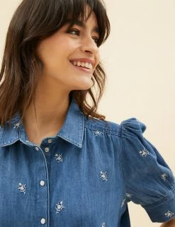 Best Pirce 👏 Per Una 👕 Shirts & Blouses Denim Embroidered Puff Sleeve Blouse 🔥 -New In Womens Sales 2022 SD 01 T53 2378U QQ X EC 3