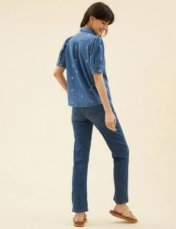 Best Pirce 👏 Per Una 👕 Shirts & Blouses Denim Embroidered Puff Sleeve Blouse 🔥 -New In Womens Sales 2022 SD 01 T53 2378U QQ X EC 4