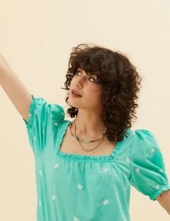 Budget 💯 Per Una 👕 Shirts & Blouses Pure Cotton Embroidered Square Neck Blouse ⌛