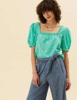 Budget 💯 Per Una 👕 Shirts & Blouses Pure Cotton Embroidered Square Neck Blouse ⌛ -New In Womens Sales 2022 SD 01 T53 2389U ZO X EC 1