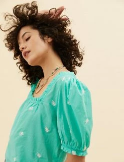 Budget 💯 Per Una 👕 Shirts & Blouses Pure Cotton Embroidered Square Neck Blouse ⌛ -New In Womens Sales 2022 SD 01 T53 2389U ZO X EC 3