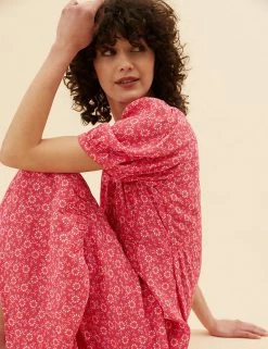 Best Pirce 🎉 Per Una 👗 Dresses Printed V-Neck Puff Sleeve Midi Tea 👗 Dress 😉